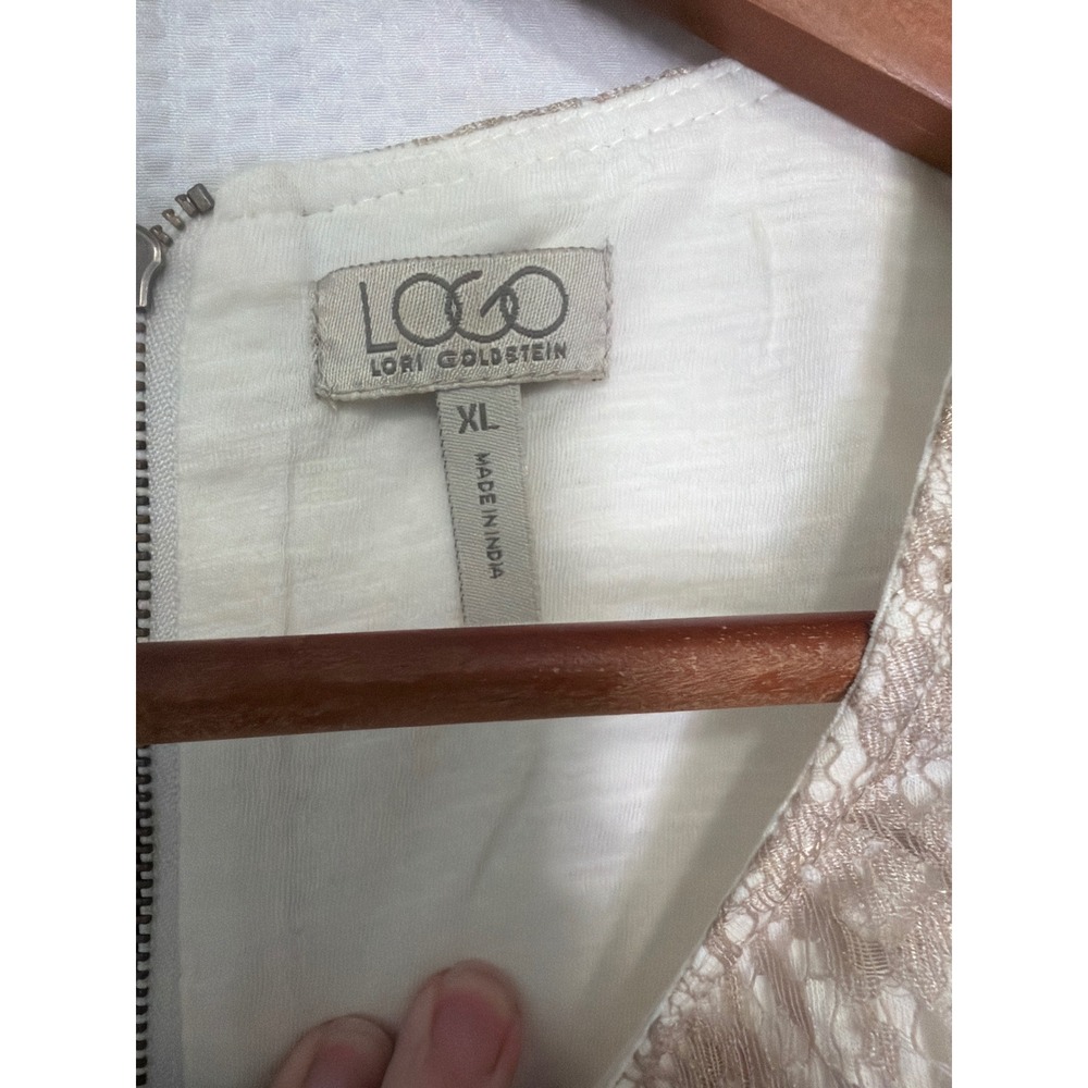 LOGO Lori Goldstein Womens XL Cream Lace Yoke Zip Back Cotton Slub Knit Top - Picture 6 of 9